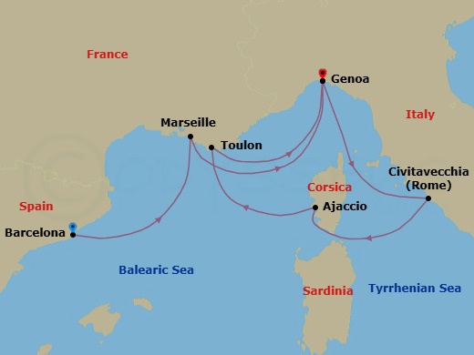 Route map: Barcelona → Marseille → Genova (Portofino) → Civitavecchia (Rome) → Ajaccio (Corsica) → La Seyne(StTropez) → Genova (Portofino)