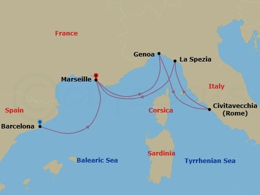 Route map: Barcelona → Marseille → Genoa → Rome (Civitavecchia) → La Spezia → Marseille