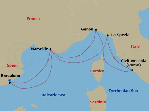 Route map: Barcelona Spain → Marseille (Provence) France → Genoa (Portofino) Italy → Civitavecchia (Rome) Italy → La Spezia (Cinque Terre) Italy → Marseille (Provence) France → Barcelona Spain