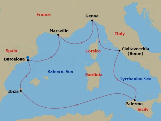 Route map: Barcelona → Marseille → Genoa → Rome (Civitavecchia) → Palermo → Ibiza → Barcelona