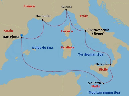 Route map: Barcelona Spain → Marseille (Provence) France → Genoa (Portofino) Italy → Civitavecchia (Rome) Italy → Messina (Taormina) Italy → La Valletta Malta → Barcelona Spain