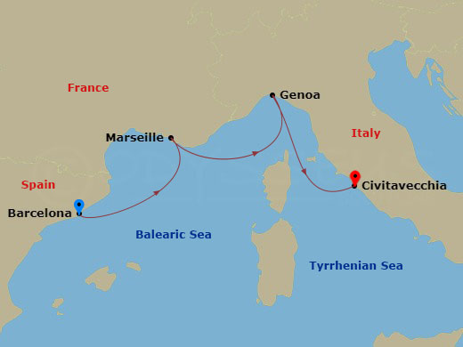Route map: Barcelona → Marseille → Genova (Portofino) → Civitavecchia (Rome)