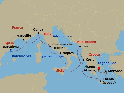 Route map: Barcelona, Spain → Marseille (Provence), France → Genoa (for Cinque Terre), Italy → Civitavecchia (for Rome), Italy → Naples, Italy (for Capri & Pompeii) → Bar, Montenegro → Corfu, Greece → Crete (Chania), Greece → Mykonos, Greece → Athens (Piraeus), Greece