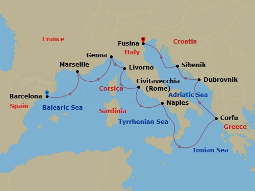 Route map: Barcelona → Marseille → Genoa → Florence/Pisa (Livorno) → Rome (Civitavecchia) → Naples → Corfu (Kerkyra) → Dubrovnik → Sibenik → Venice (Fusina)
