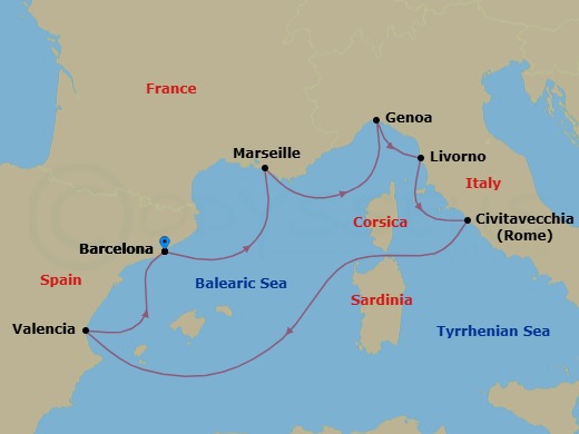 Route map: Barcelona Spain → Marseille (Provence) France → Genoa (Portofino) Italy → Livorno (Florence) Italy → Civitavecchia (Rome) Italy → Valencia Spain → Barcelona Spain