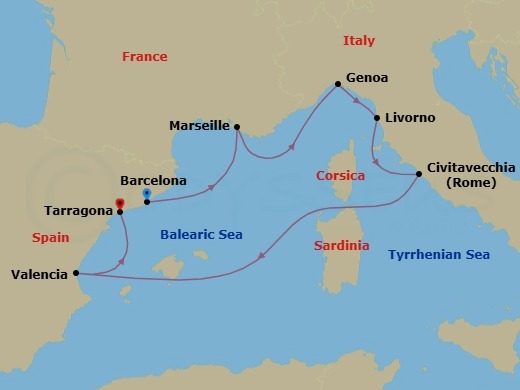Route map: Barcelona Spain → Marseille (Provence) France → Genoa (Portofino) Italy → Livorno (Florence) Italy → Civitavecchia (Rome) Italy → Valencia Spain → Tarragona Spain
