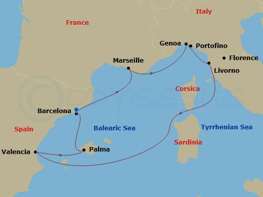 Route map: Barcelona Spain → Marseille (Provence) France → Genoa (Portofino) Italy → Livorno (Florence) Italy → Valencia Spain → Palma de Mallorca (Baleari Is.) Spain → Barcelona Spain