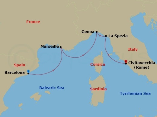 Route map: Barcelona Spain → Marseille (Provence) France → Genoa (Portofino) Italy → La Spezia (Cinque Terre) Italy → Civitavecchia (Rome) Italy