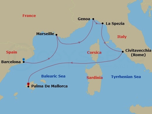 Route map: Barcelona Spain → Marseille (Provence) France → Genoa (Portofino) Italy → La Spezia (Cinque Terre) Italy → Civitavecchia (Rome) Italy → Palma de Mallorca (Baleari Is.) Spain
