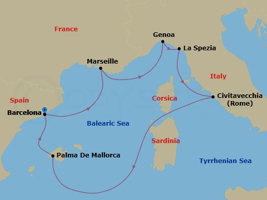 Route map: Barcelona Spain → Marseille (Provence) France → Genoa (Portofino) Italy → La Spezia (Cinque Terre) Italy → Civitavecchia (Rome) Italy → Palma de Mallorca (Baleari Is.) Spain → Barcelona Spain