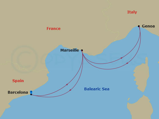Route map: Barcelona → Marseille → Genova (Portofino) → Marseille → Barcelona