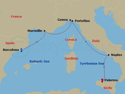 Route map: Barcelona Spain → Marseille (Provence) France → Genoa (Portofino) Italy → Naples (Pompeii) Italy → Palermo (Monreale) Italy