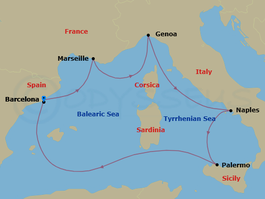 Route map: Barcelona Spain → Marseille (Provence) France → Genoa (Portofino) Italy → Naples (Pompeii) Italy → Palermo (Monreale) Italy → Barcelona Spain
