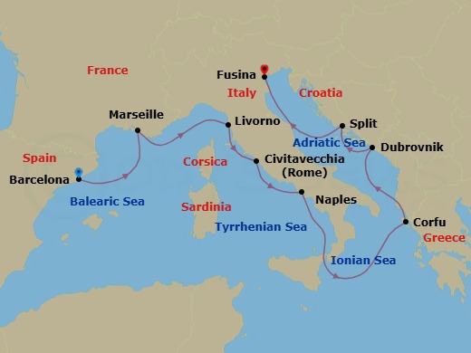Route map: Barcelona → Marseille → Florence/Pisa (Livorno) → Rome (Civitavecchia) → Naples → Corfu (Kerkyra) → Dubrovnik → Split → Venice (Fusina)