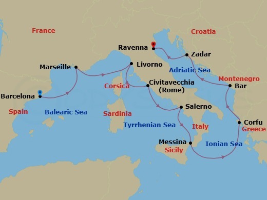 Route map: Barcelona, Spain → Provence  Marseille, France → Livorno  Florence Pisa, Italy → Civitavecchia  Rome, Italy → Amalfi Coast (Salerno), Italy → Messina, Italy → Corfu, Greece → Bar  Montenegro → Zadar, Croatia → Venice (Ravenna), Italy