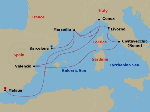 Route map: Barcelona Spain → Marseille (Provence) France → Livorno (Florence) Italy → Civitavecchia (Rome) Italy → Valencia Spain → Genoa (Portofino) Italy → Marseille (Provence) France → Malaga (Granada) Spain