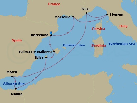 Route map: Barcelona, Spain → Provence  Marseille, France → Livorno  Florence Pisa, Italy → Nice/Monaco (Villefranche), France → Motril, Spain → Melilla, Spain → Ibiza, Spain → Palma Majorca, Spain → Barcelona, Spain