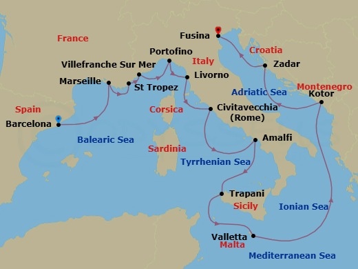 Route map: Barcelona → Provence (Marseille) → Saint-Tropez → Villefranche → Portofino → Tuscany (Livorno) → Rome (Civitavecchia) → Amalfi/Positano → Trapani (Sicily) → Valletta