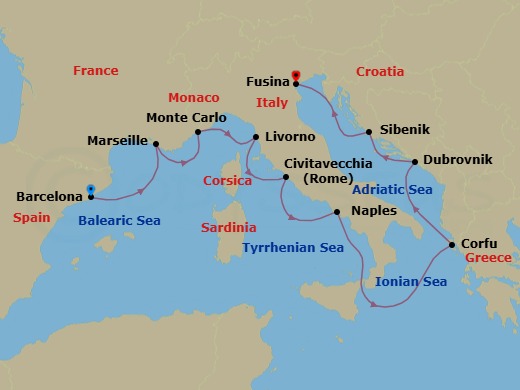 Route map: Barcelona → Marseille → Monte Carlo → Florence/Pisa (Livorno) → Rome (Civitavecchia) → Naples → Corfu (Kerkyra) → Dubrovnik → Sibenik → Venice (Fusina)