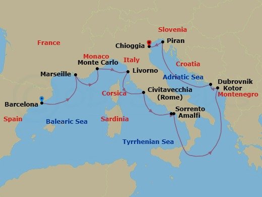 Route map: Barcelona → Provence (Marseille) → Monte Carlo → Florence / Pisa (Livorno) → Rome (Civitavecchia) → Sorrento → Amalfi → Kotor → Dubrovnik → Piran