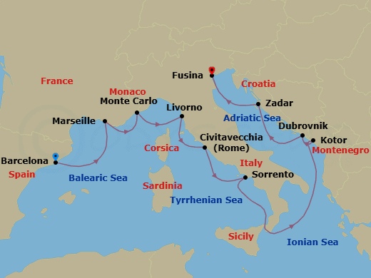 Route map: Barcelona → Provence (Marseille) → Monte Carlo → Florence / Pisa (Livorno) → Rome (Civitavecchia) → Sorrento → Kotor → Dubrovnik → Zadar → Venice (Fusina)