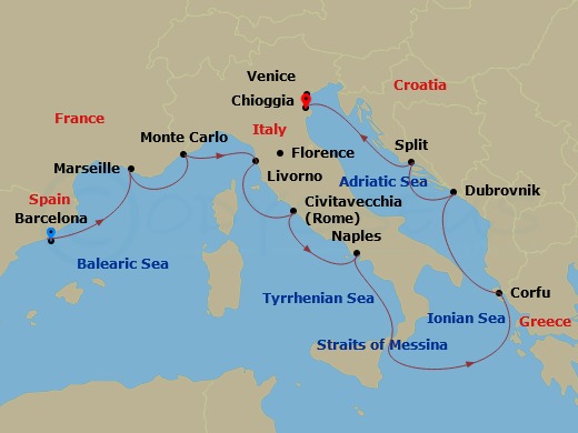 Route map: Barcelona → Marseille → Monte Carlo → Florence/Pisa (Livorno) → Rome (Civitavecchia) → Naples → Corfu (Kerkyra) → Dubrovnik → Split → Venice (Chioggia)