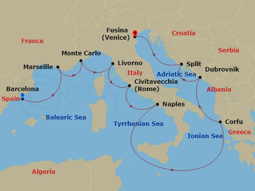 Route map: Barcelona → Marseille → Monte Carlo → Florence/Pisa (Livorno) → Rome (Civitavecchia) → Naples → Corfu (Kerkyra) → Dubrovnik → Split → Venice (Fusina)