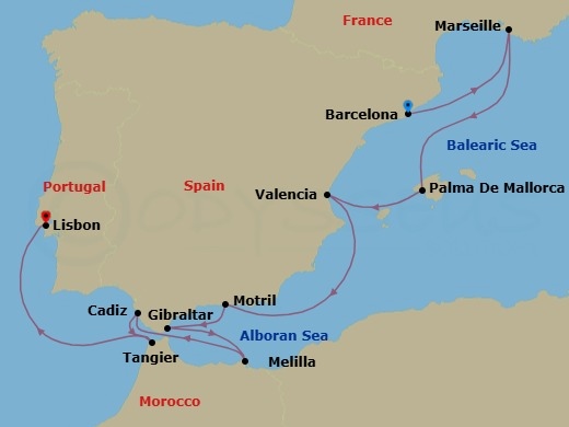 Route map: Barcelona, Spain → Provence  Marseille, France → Palma Majorca, Spain → Valencia, Spain → Motril, Spain → Gibraltar → Melilla, Spain → Cadiz  Seville, Spain → Tangier, Morocco → Lisbon, Portugal