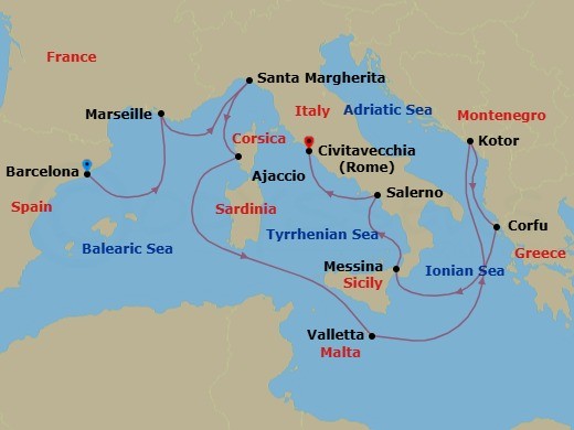 Route map: Barcelona, Spain → Marseille (Provence), France → Santa Margherita, Italy → Corsica (Ajaccio), France → Valletta, Malta → Kotor, Montenegro → Corfu, Greece → Sicily (Messina), Italy → Amalfi Coast (Salerno) → Civitavecchia (for Rome), Italy
