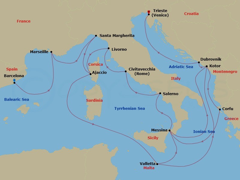 Route map: Barcelona, Spain → Marseille (Provence), France → Santa Margherita, Italy → Corsica (Ajaccio), France → Valletta, Malta → Kotor, Montenegro → Corfu, Greece → Sicily (Messina), Italy → Amalfi Coast (Salerno) → Civitavecchia (for Rome), Italy
