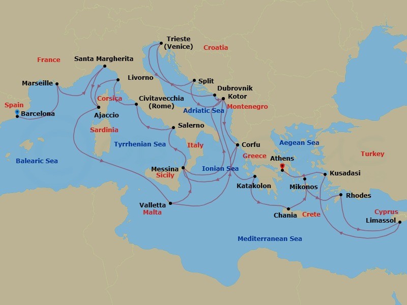 Route map: Barcelona, Spain → Marseille (Provence), France → Santa Margherita, Italy → Corsica (Ajaccio), France → Valletta, Malta → Kotor, Montenegro → Corfu, Greece → Sicily (Messina), Italy → Amalfi Coast (Salerno) → Civitavecchia (for Rome), Italy