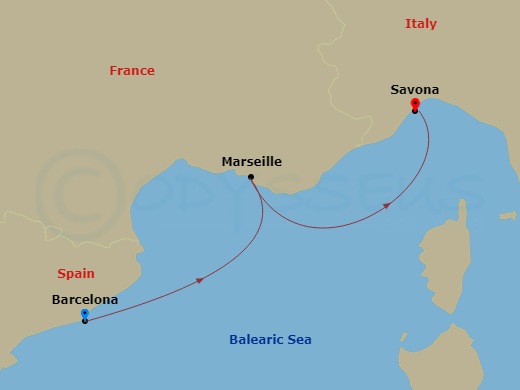 Route map: Barcelona → Marseille → Savona