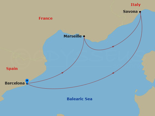 Route map: Barcelona → Marseille → Savona → Barcelona