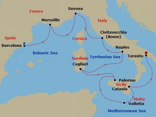 Route map: Barcelona → Marseille → Savona → Civitavecchia (Rome) → Naples → Cagliari → Palermo → MALTA LA VALLETTA → Catania → Taranto