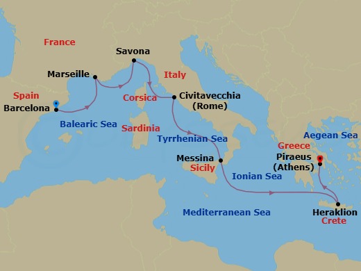 Route map: Barcelona → Marseille → Savona → Civitavecchia (Rome) → Messina (Taormina) → Heraklion (Crete) → Piraeus (Athens)
