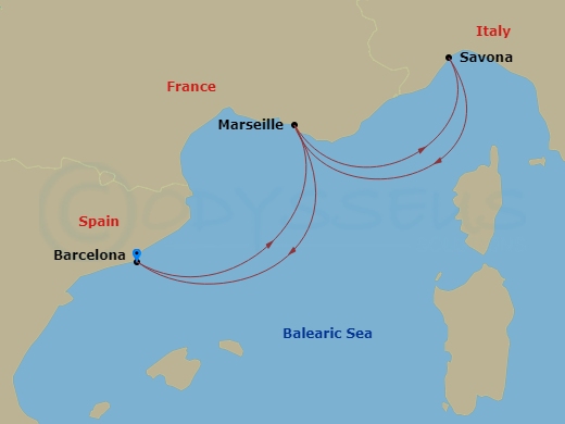 Route map: Barcelona → Marseille → Savona → Marseille → Barcelona