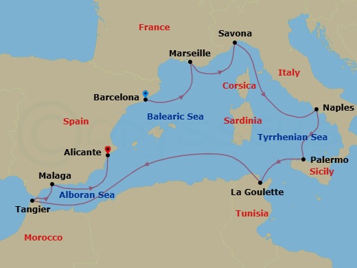 Route map: Barcelona → Marseille → Savona → Naples → Palermo → La Goulette (Tunis) → Tangier → Malaga → Alicante