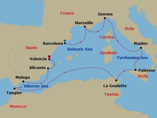 Route map: Barcelona → Marseille → Savona → Naples → Palermo → La Goulette (Tunis) → Tangier → Malaga → Alicante → Valencia