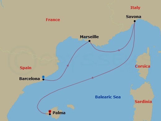 Route map: Barcelona (Spain) → Marseille (France) → Savona (Italy) → Palma De Mallorca (Spain)