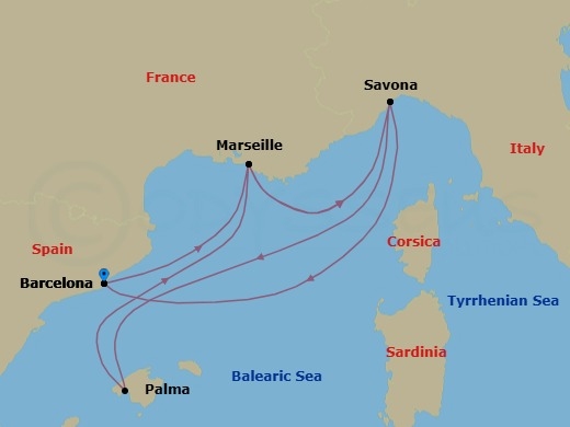 Route map: Barcelona (Spain) → Marseille (France) → Savona (Italy) → Palma De Mallorca (Spain) → Marseille (France) → Savona (Italy) → Barcelona (Spain)