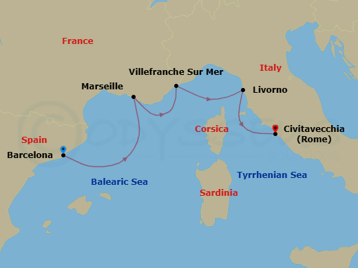 Route map: Barcelona → Marseille → Villefranche-Sur-Mer → Florence/Pisa (Livorno) → Rome (Civitavecchia)