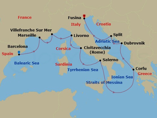 Route map: Barcelona → Marseille → Villefranche-Sur-Mer → Florence/Pisa (Livorno) → Rome (Civitavecchia) → Salerno → Corfu (Kerkyra) → Dubrovnik → Split → Venice (Fusina)