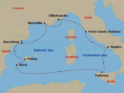 Route map: Barcelona → Marseille → Villefranche-Sur-Mer(Nice) → Porto Santo Stefano (Argentario) → Port Of Naples → Palermo (Sicily) → Ibiza → Palma De Mallorca → Barcelona