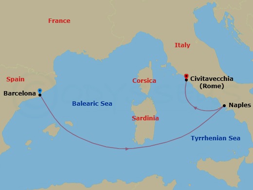 Route map: Barcelona Spain → Naples (Pompeii) Italy → Civitavecchia (Rome) Italy
