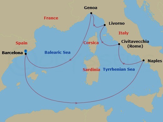Route map: Barcelona → Naples → Civitavecchia → Livorno → Genoa → Barcelona