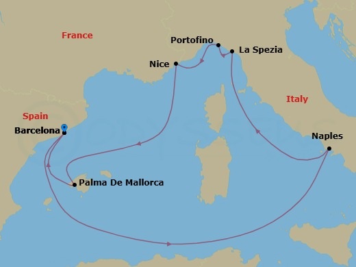 Route map: Barcelona, Spain → Naples, Italy → Florence/Pisa(Laspezia)Italy → Portofino, Italy → Nice (Villefranche), France → Palma De Mallorca, Spain → Barcelona, Spain