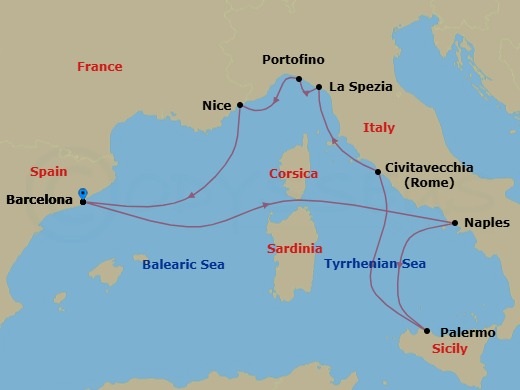 Route map: Barcelona, Spain → Naples, Italy → Sicily (Palermo),Italy → Rome (Civitavecchia), Italy → Florence/Pisa(Laspezia)Italy → Portofino, Italy → Nice (Villefranche), France → Barcelona, Spain
