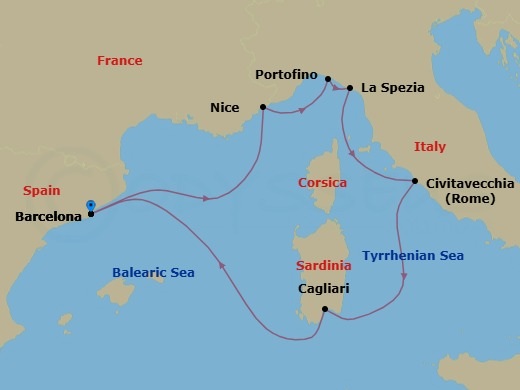 Route map: Barcelona, Spain → Nice (Villefranche), France → Portofino, Italy → Florence/Pisa(Laspezia)Italy → Rome (Civitavecchia), Italy → Cagliari,Sardinia,Italy → Barcelona, Spain