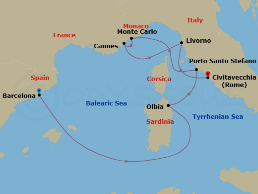 Route map: Barcelona → Olbia (Sardinia) → Porto Santo Stefano (Argentario) → Monte Carlo → Cannes → Livorno (Florence) → Civitavecchia (Rome)