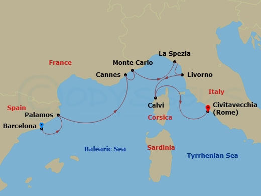 Route map: Barcelona → Palamos → Cannes → Monte Carlo → La Spezia → Livorno (Tuscany) → Calvi (Corsica) → Civitavecchia (Rome)